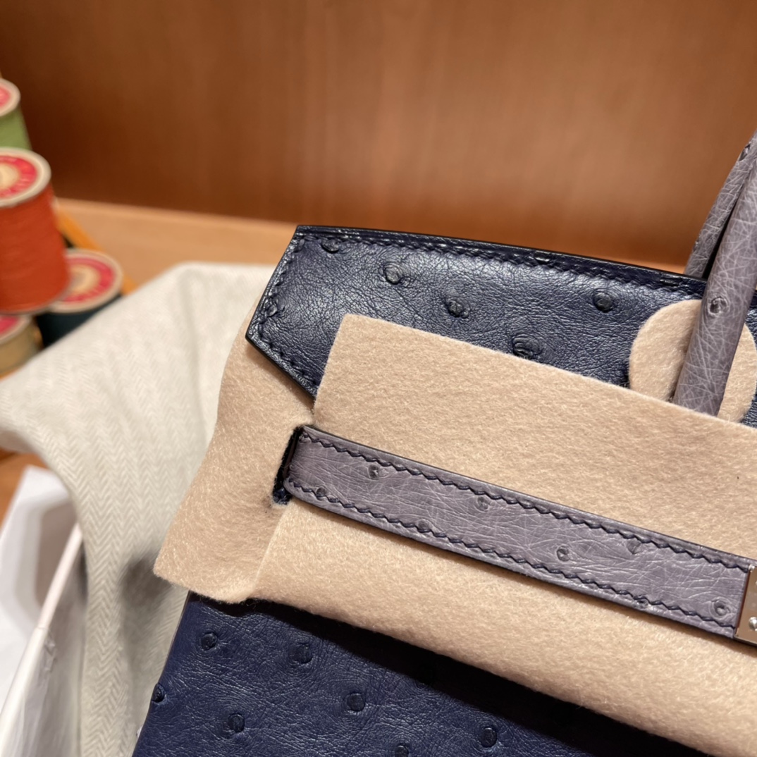 에르메스 버킨백25 몰타블루 그레이 은장 타조가죽